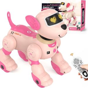 PRANITE Robot Dog Toy for Kids, RC Smart Programmable Robotic Puppy Interactive Touch Music Remote Control Follow Mode Fun STEM Educational Learning Toy Rechargeable Pink AI